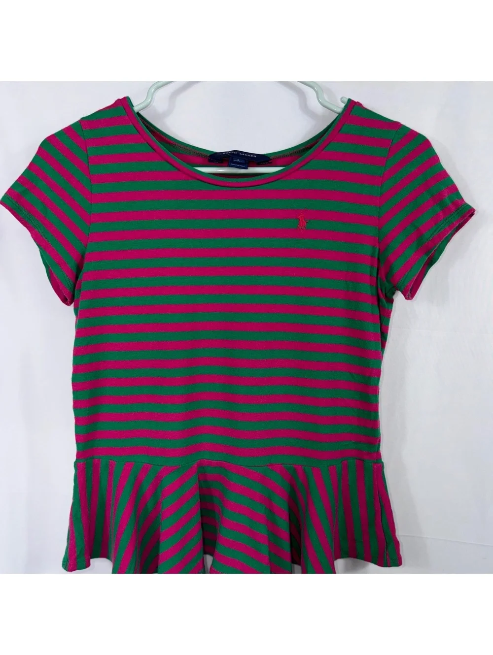 Ralph Lauren Girls Pink Green Striped Peplum Top L 12-14